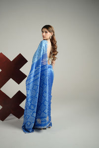 Royal Blue Bandhej  Shibori Pure Silk Saree Set