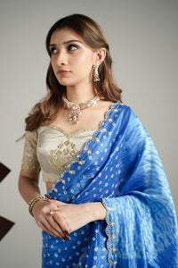 Royal Blue Bandhej  Shibori Pure Silk Saree Set
