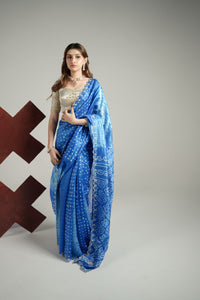 Royal Blue Bandhej  Shibori Pure Silk Saree Set