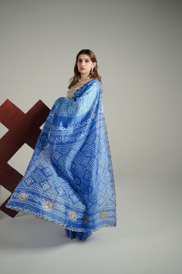 Royal Blue Bandhej  Shibori Pure Silk Saree Set