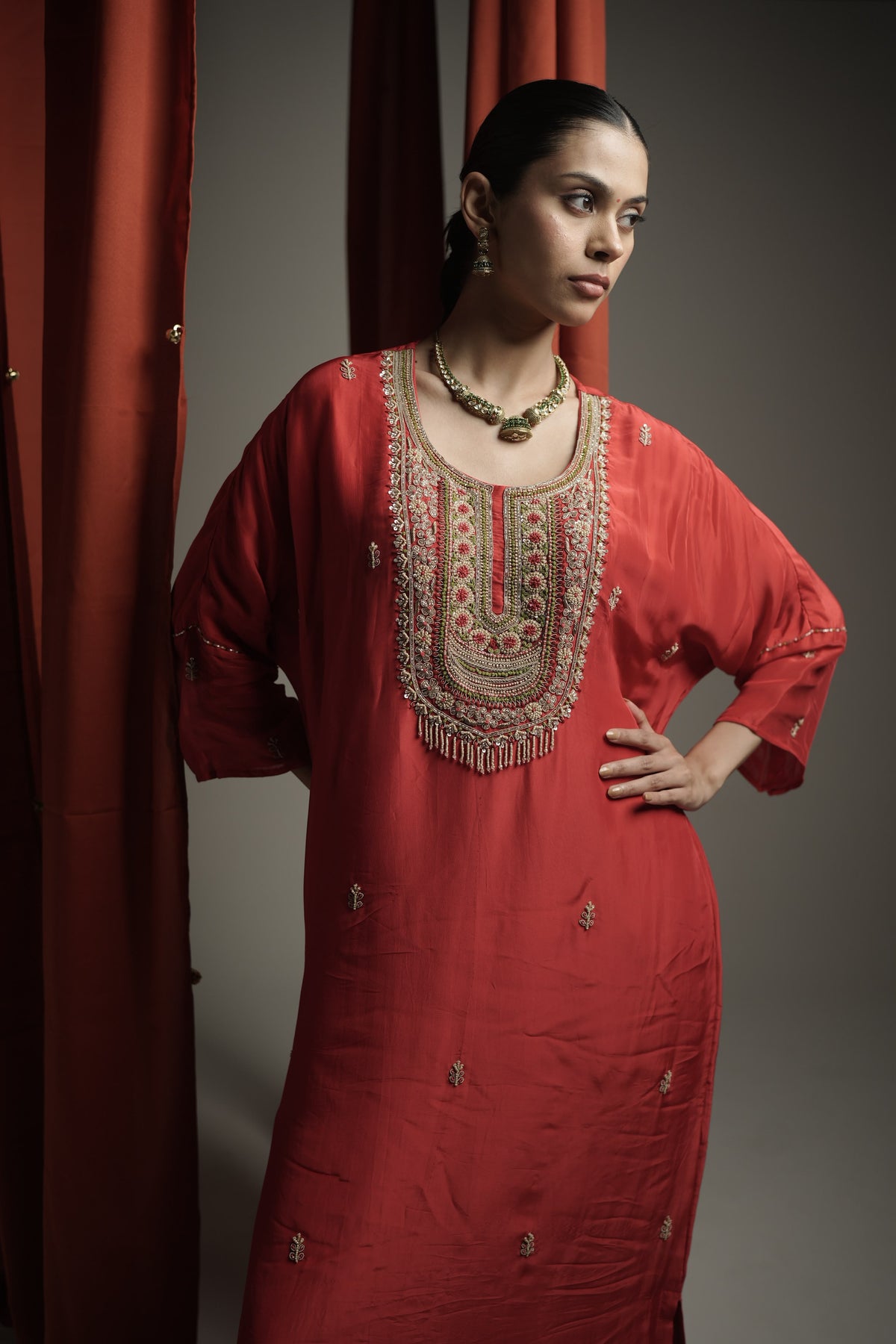 Crimson Red Hand-Embroidered Stylized  Kurta Set