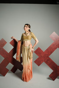 Ombré Sunset Pure Silk Bandhani Leher Saree Set.