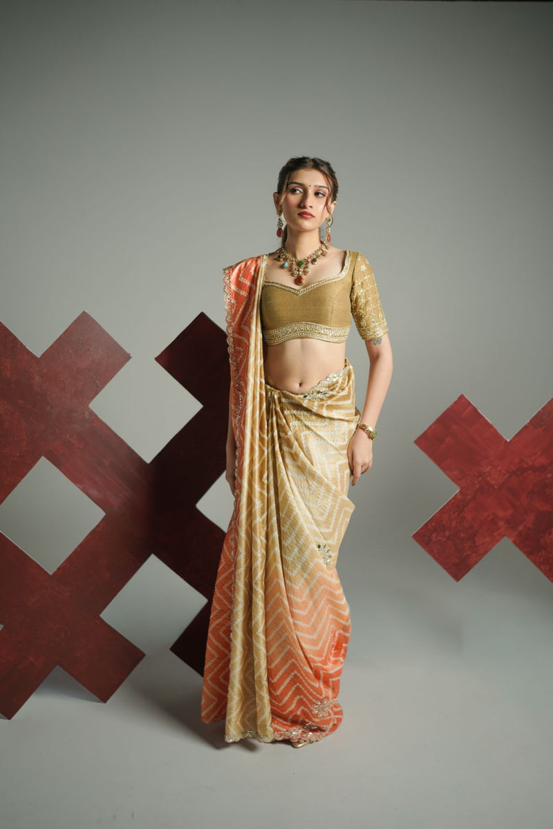 Ombré Sunset Pure Silk Bandhani Leher Saree Set.