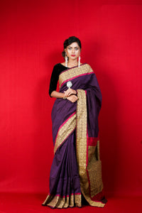 Onyx Tussar Silk Saree with Brass Zari